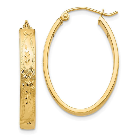 14k Yellow Gold Satin & Diamond-Cut Oval Hoop Earrings