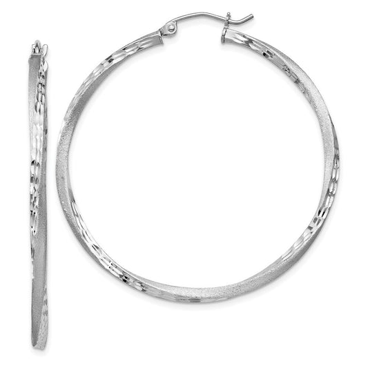 Sterling Silver RH-plated Satin Diamond-cut 2.5x45mm Twisted Hoop Earrings