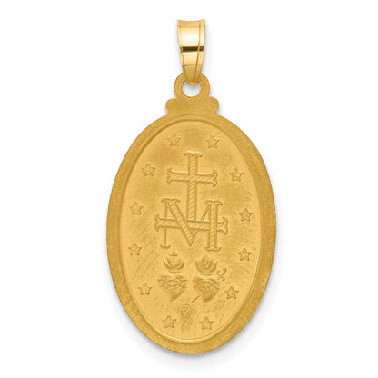 14k Yellow Gold Satin and Polished Miraculous Medal Oval Solid Pendant for Women