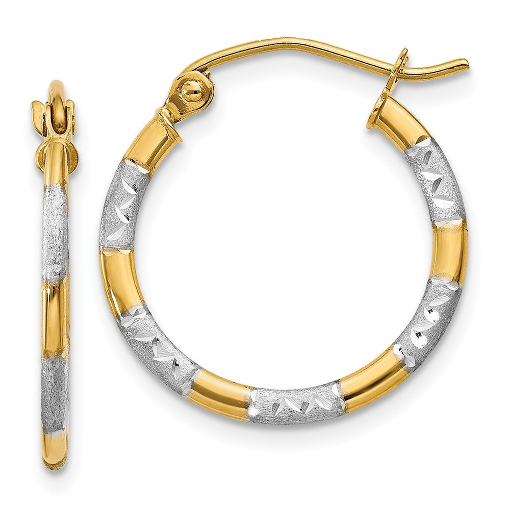 14k Yellow Gold w/White Rhodium Diamond Cut Hoop Earrings