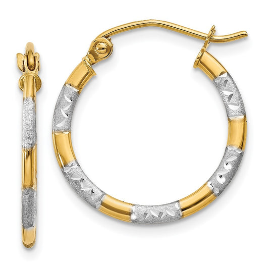14k Yellow Gold w/White Rhodium Diamond Cut Hoop Earrings