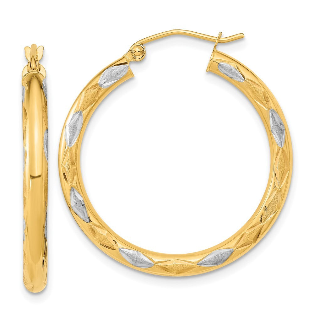 14k Yellow Gold White Rhodium Polished Satin and Diamond-cut Hoop Earrings