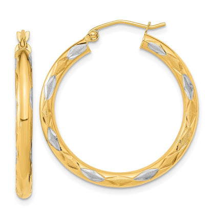 14k Yellow Gold White Rhodium Polished Satin and Diamond-cut Hoop Earrings
