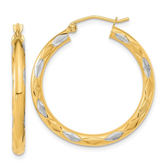 14k Yellow Gold White Rhodium Polished Satin and Diamond-cut Hoop Earrings