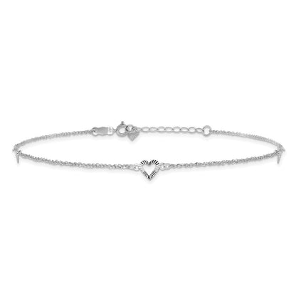 14k White Gold Diamond-cut Hearts 3-Station 10" Anklet
