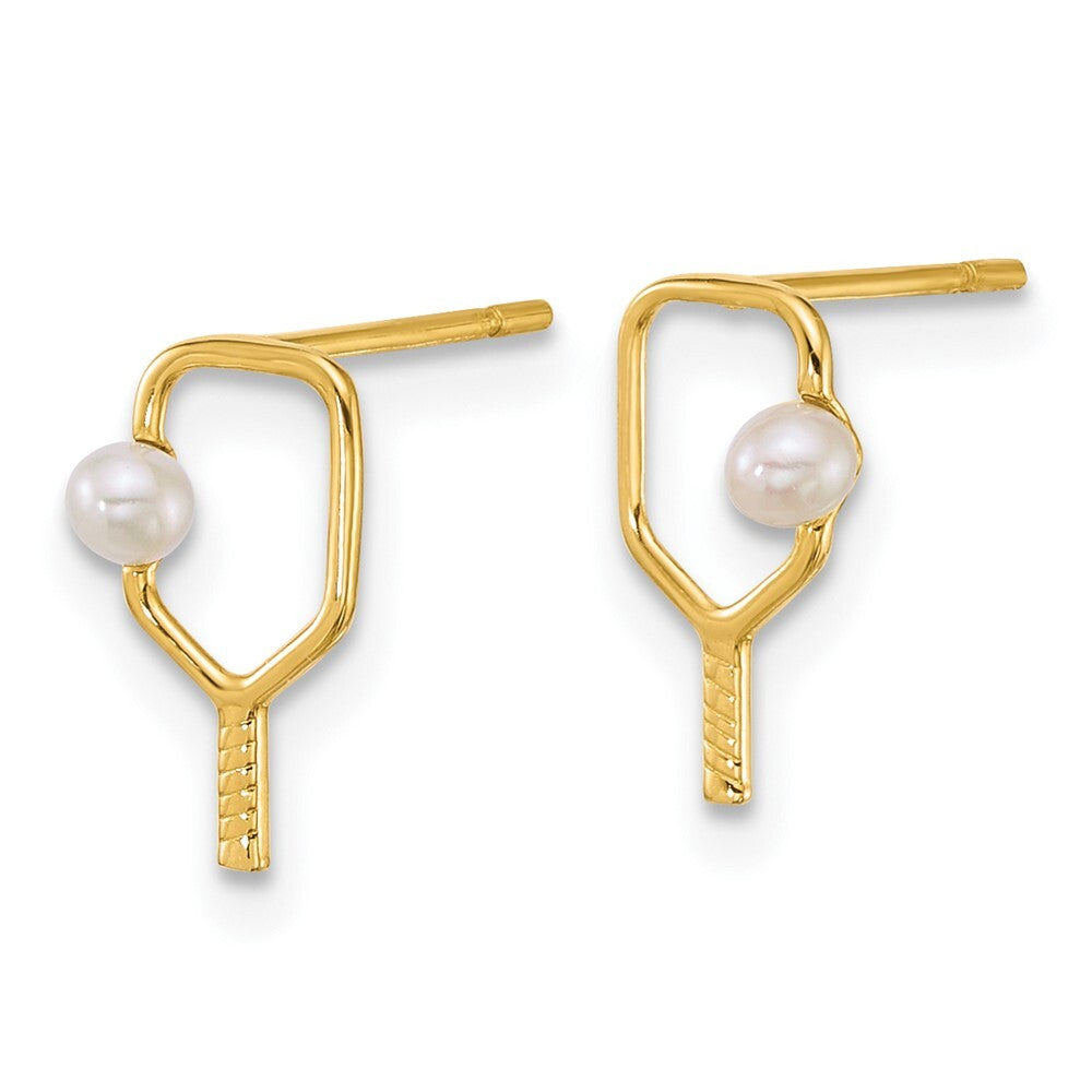 14k Yellow Gold Polished Cultured Pearl Ball & Pickleball Paddle Stud Earrings