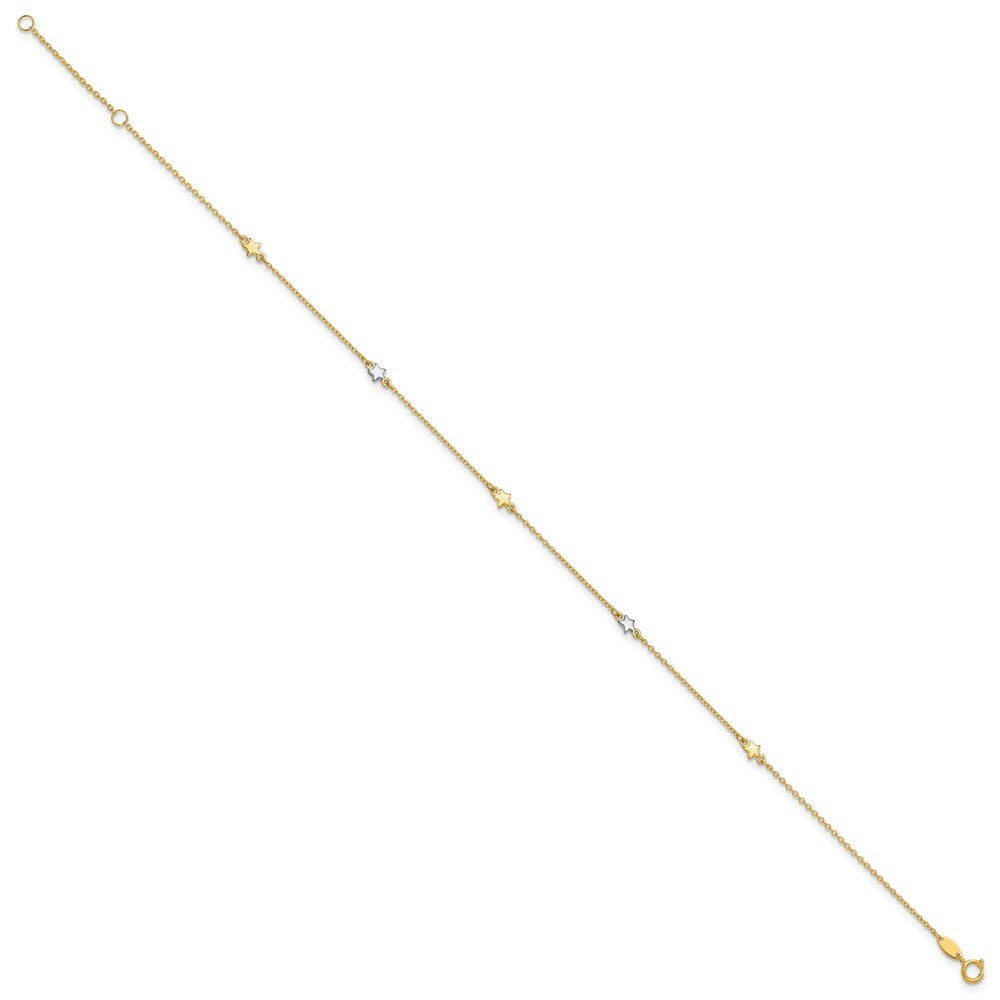 14K Two-Tone Polished Stars 5-Station 11" Anklet