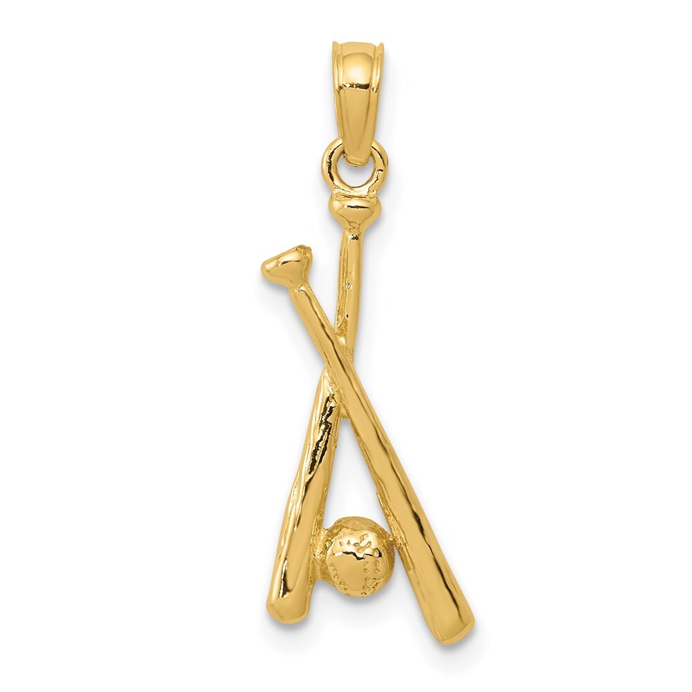 14k Yellow Gold Polished Open-Backed Bats and Baseball Pendant for Women