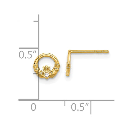 14k Yellow Gold Cubic Zirconia Claddagh Stud Earrings Gift for Women