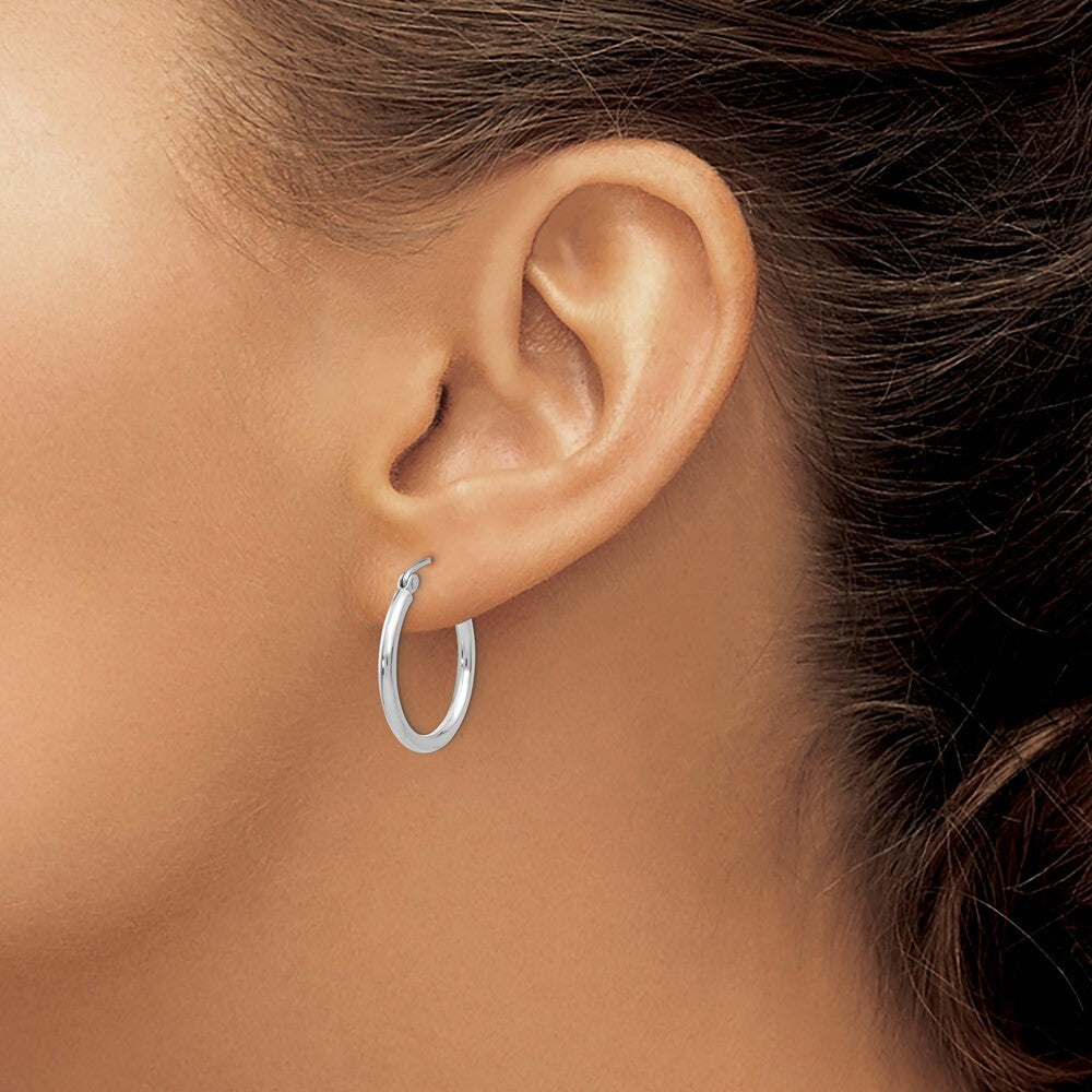 14k White Gold Polished 2x20mm Lightweight Tube Hoop Earrings Gift for Women