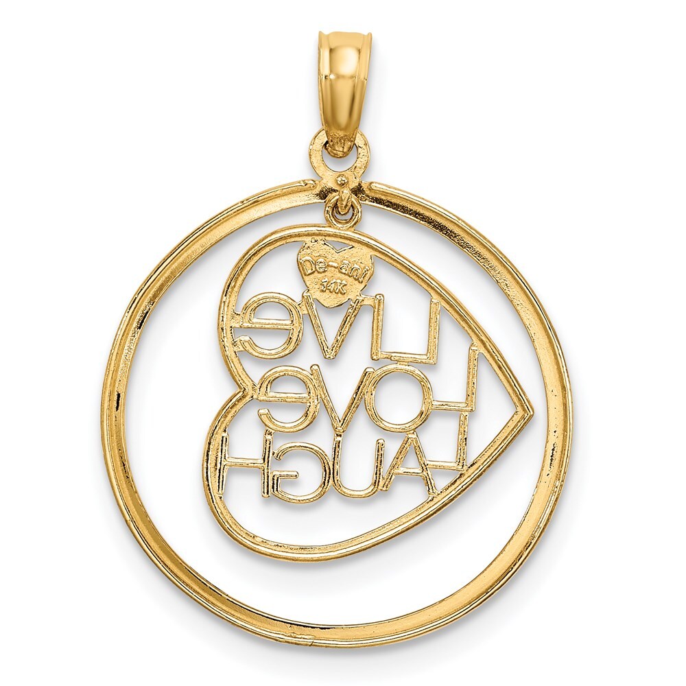 14k Yellow Gold Rhodium LIVE LOVE LAUGH Heart Dangling In Circle Charm Pendant