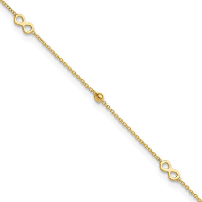 14k Yellow Gold Polished Infinity and Beads 10" Anklet
