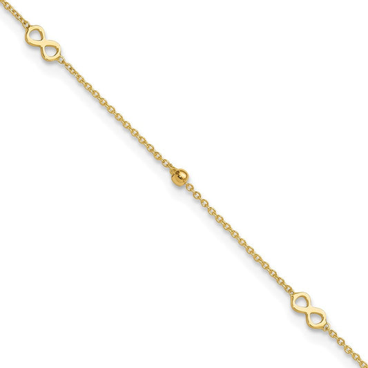 14k Yellow Gold Polished Infinity and Beads 10" Anklet