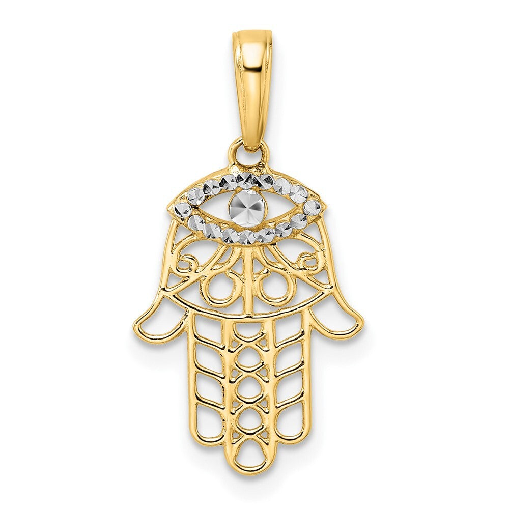 14k Yellow Gold & White Rhodium Diamond-cut Evil Eye Hamsa Pendant