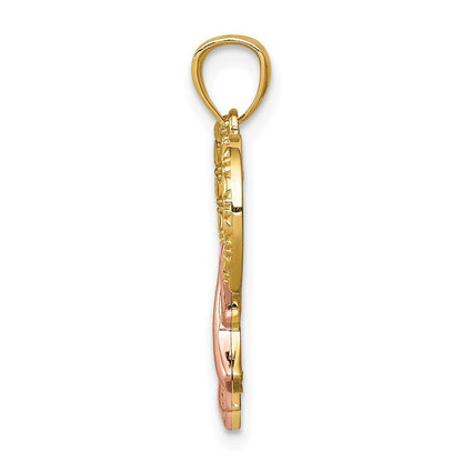 14k Yellow Gold Rose Rhodium Pink Ribbon with Heart Pendant