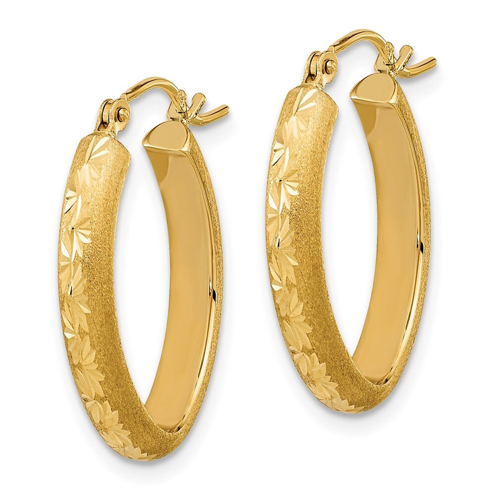 14k Yellow Gold Polished and Satin Diamond-cut Oval Hoop Earrings