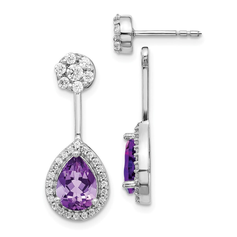 14k White Gold Diamond/Pear Amethyst Front/Back Drop & Dangle Earrings