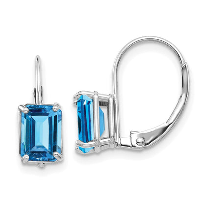 14k White Gold 7x5mm Emerald Cut Blue Topaz Stud Earrings Gift for Women