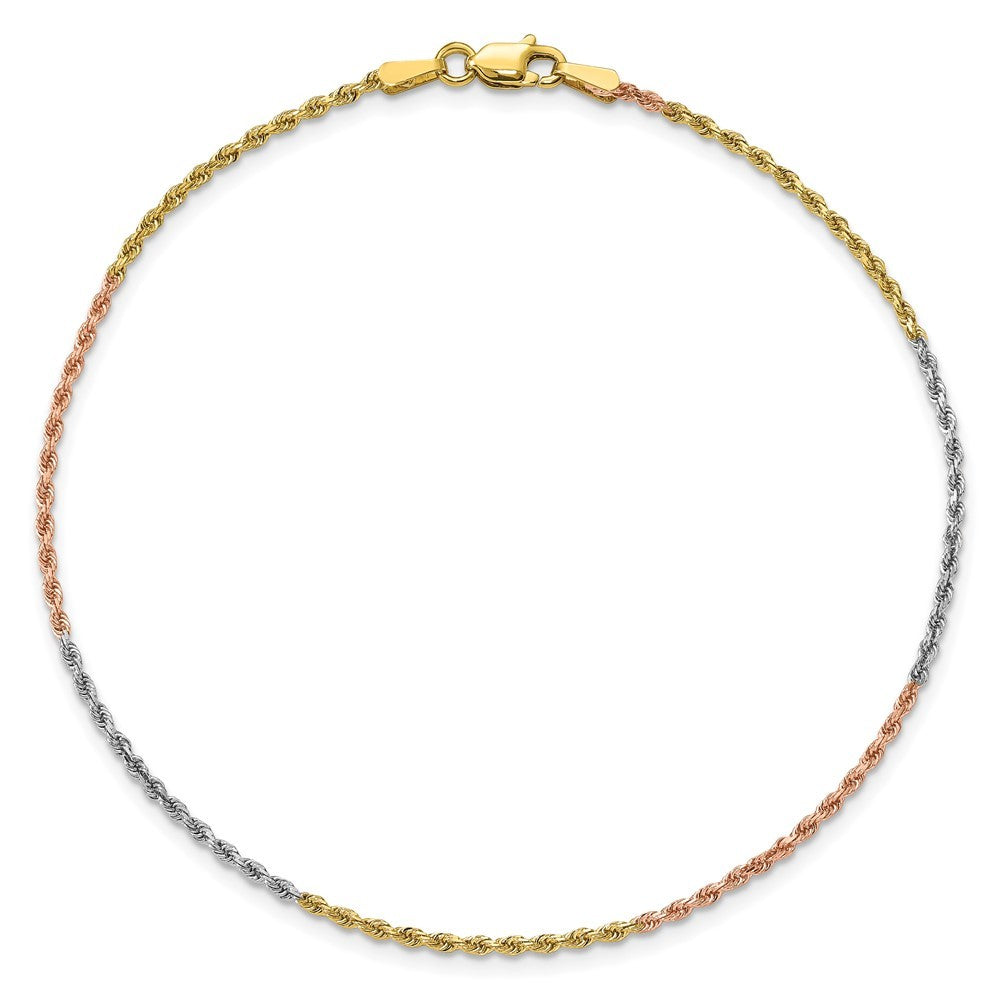 14K Tri-colored 7 inch 1.5mm Diamond-cut Rope Chain Bracelet