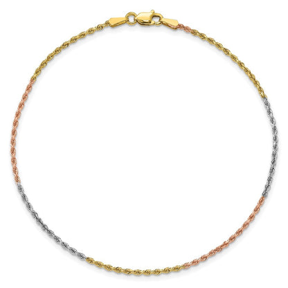 14K Tri-colored 7 inch 1.5mm Diamond-cut Rope Chain Bracelet