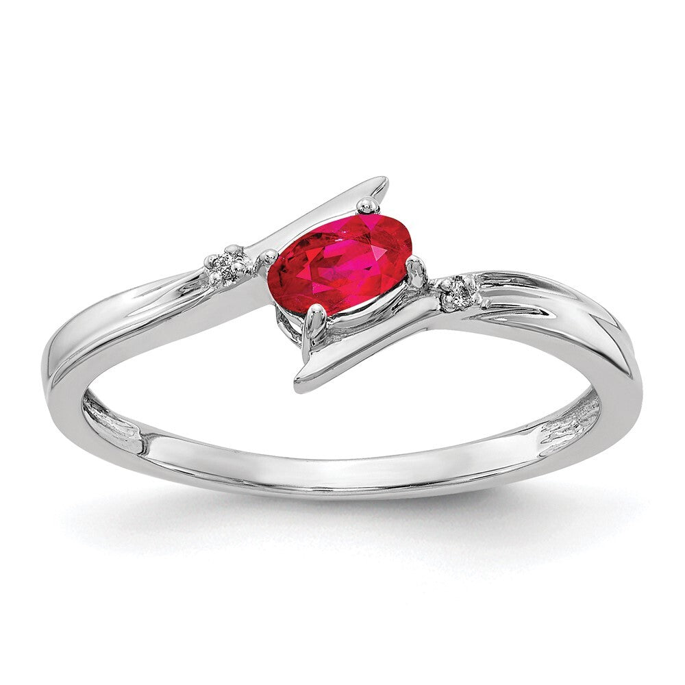 14k White Gold Polished Oval Diamond Ruby Bypass Ring Size 7