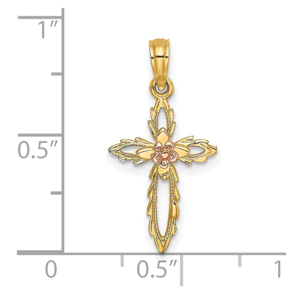 14k Two-tone Gold Cross  Cut-Out Flower Charm Pendant for Women