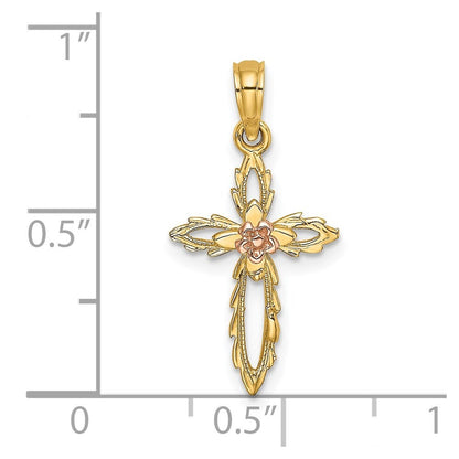 14k Two-tone Gold Cross  Cut-Out Flower Charm Pendant for Women