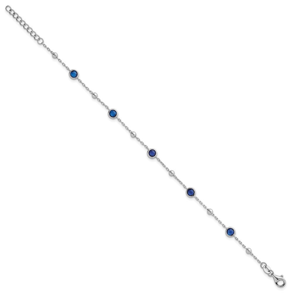 Sterling Silver and Beaded Bezel-set Round Blue CZ 7" with 1" Ext Bracelet