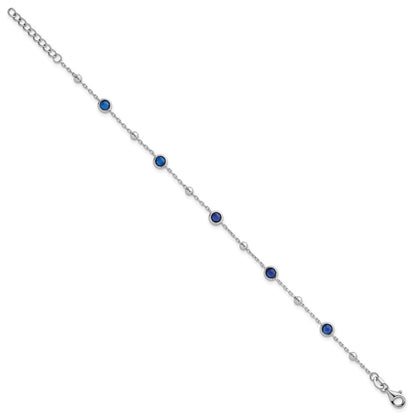 Sterling Silver and Beaded Bezel-set Round Blue CZ 7" with 1" Ext Bracelet