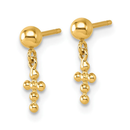 14k Yellow Gold Polished Beaded Cross Dangle Earrings Gift for Women