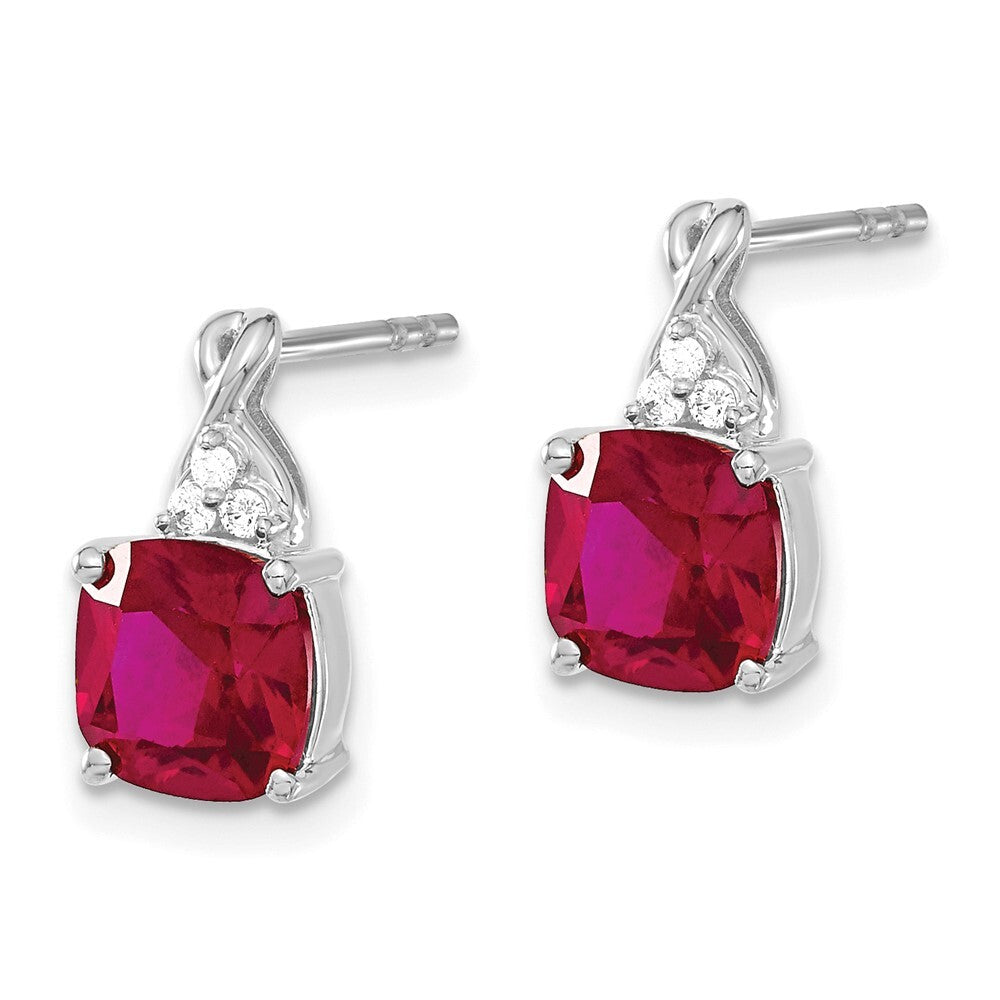 14K White Gold Checkerboard Created Ruby and Diamond Drop & Dangle Earrings