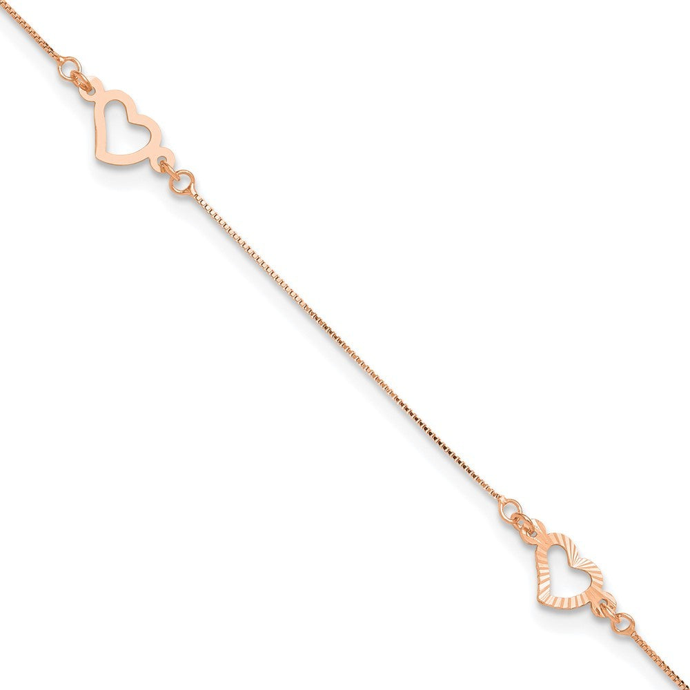 14K Rose Gold Fancy Open Hearts 3-Station 10" Anklet