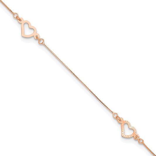 14K Rose Gold Fancy Open Hearts 3-Station 10" Anklet