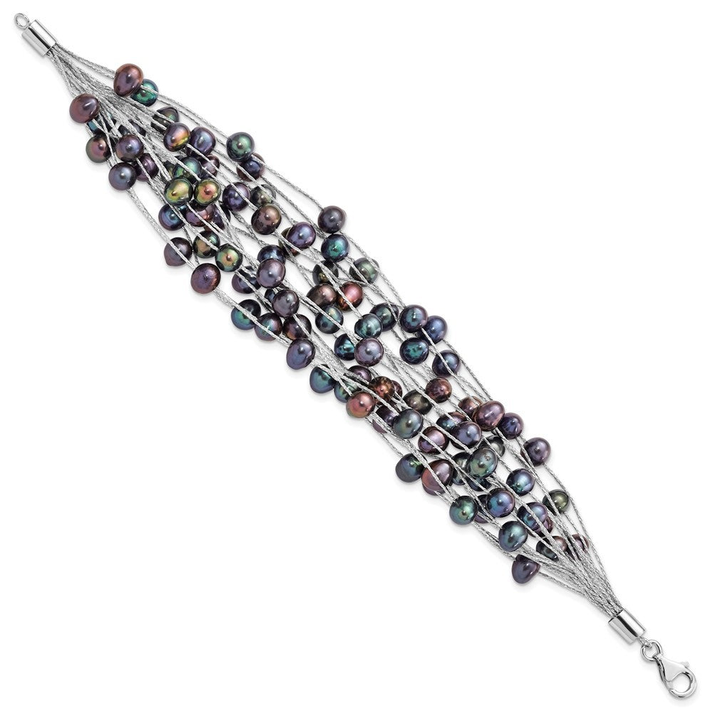 Sterling Silver 6-7mm Black Semi-Round Cultured Pearl Multi Strand 7.5" Bracelet
