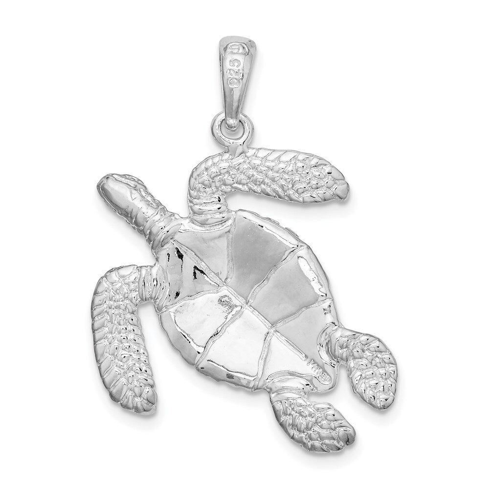 Sterling Silver Rhodium-Plated Polished Large Swimming Sea Turtle Pendant