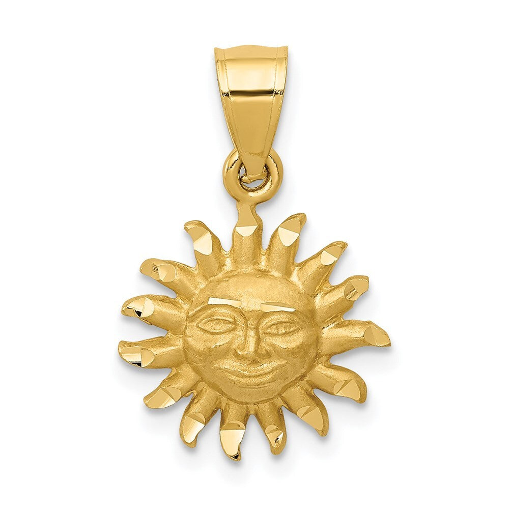 14k Yellow Gold Satin Diamond-cut Sun Pendant for Women