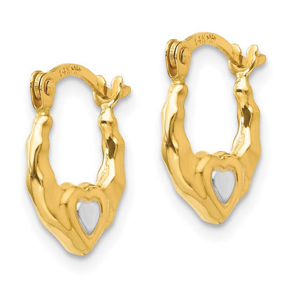 14k Yellow Gold w/Rhodium Heart Hollow Hoop Earrings