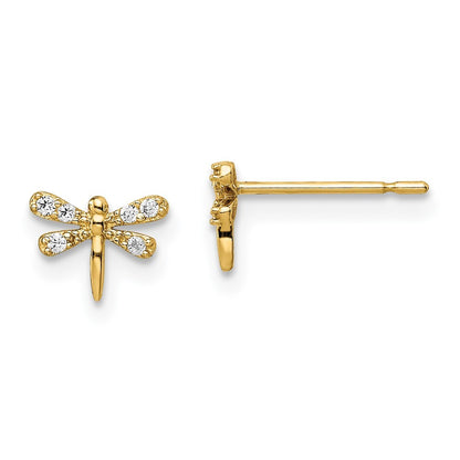 14k Yellow Gold Cubic Zirconia Dragonfly Stud Earrings Gift for Women