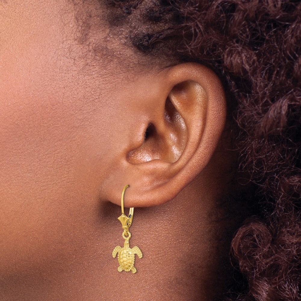 14k Yellow Gold 3-D Polished Mini Sea Turtle Drop Dangle Earrings