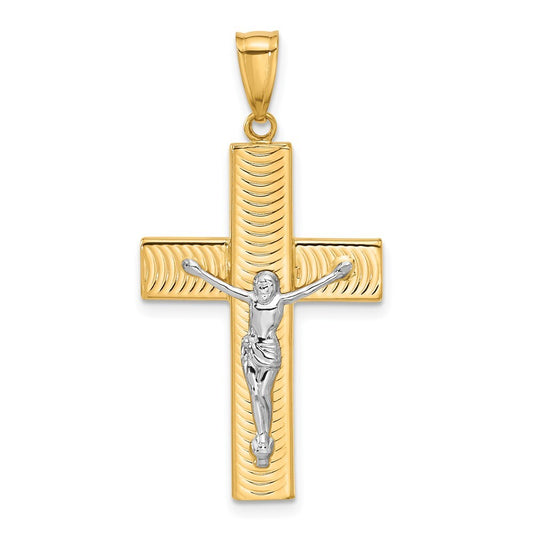 14k Two-tone Gold Polished and Textured Crucifix Pendant for Women