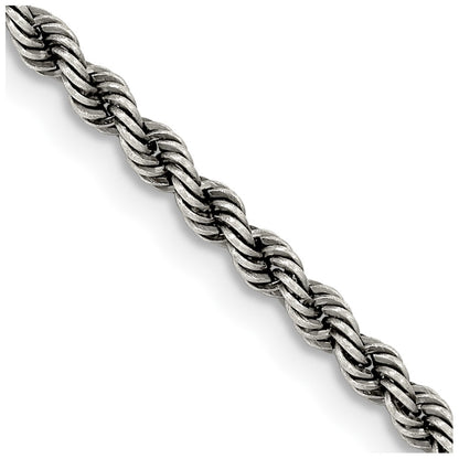 Sterling Silver Ruthenium-plated 2.9mm Rope Chain Necklace