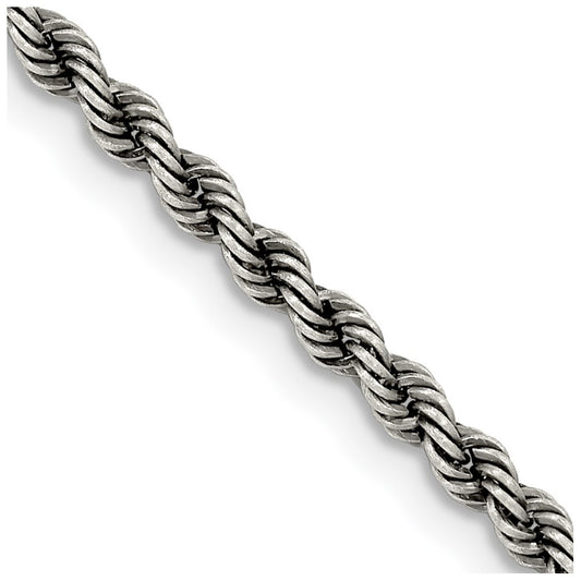 Sterling Silver Ruthenium-plated 2.9mm Rope Chain Necklace