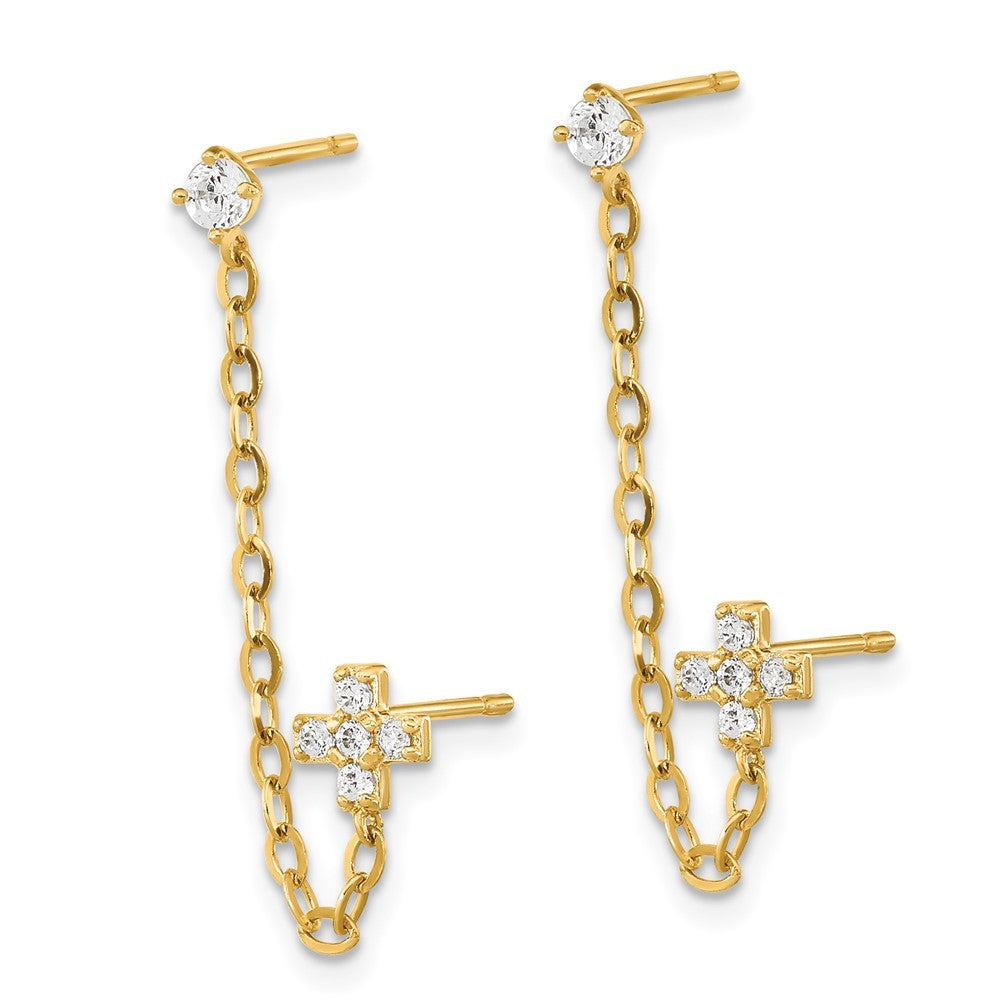 14k Yellow Gold Double w/Chain CZ Cross Earring (single)