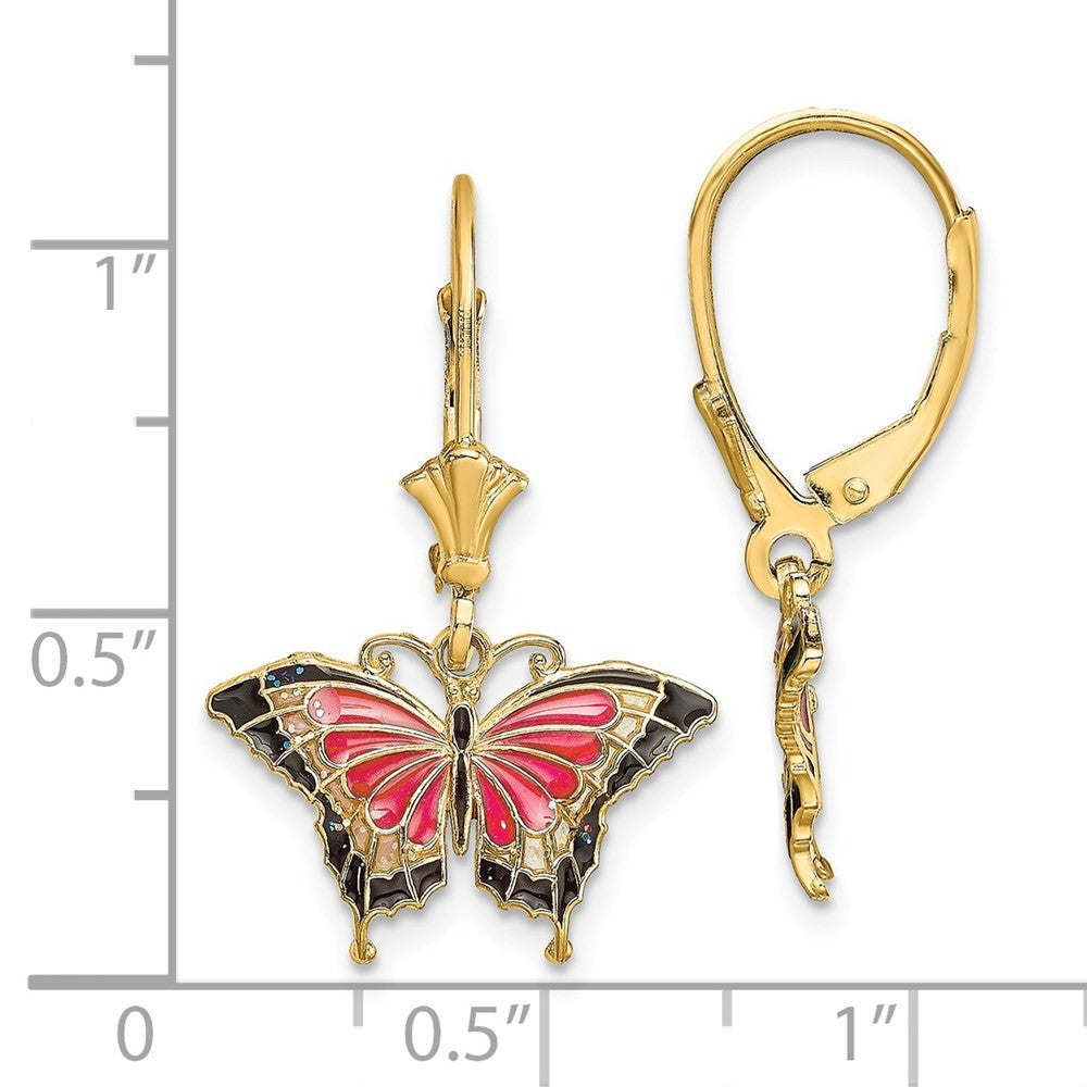 14k Yellow Gold Pink Enameled Butterfly Drop Dangle Earrings
