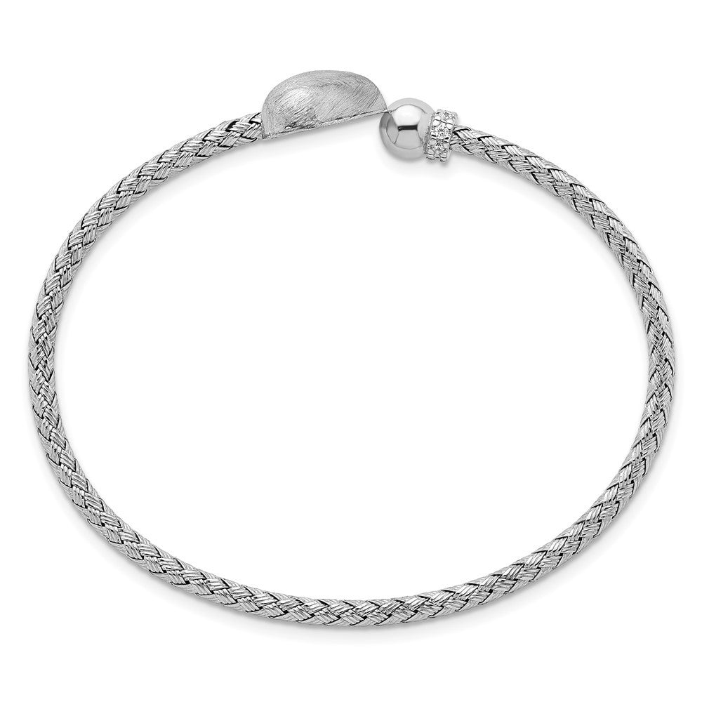 Sterling Silver Rhodium-plated Brushed Heart and CZ Flexible Cuff Bangle