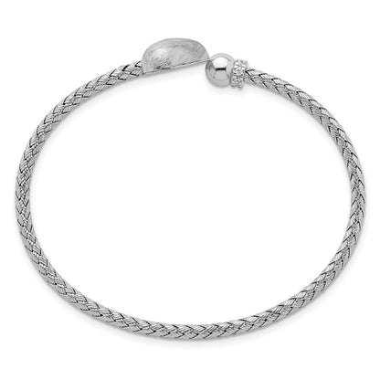 Sterling Silver Rhodium-plated Brushed Heart and CZ Flexible Cuff Bangle