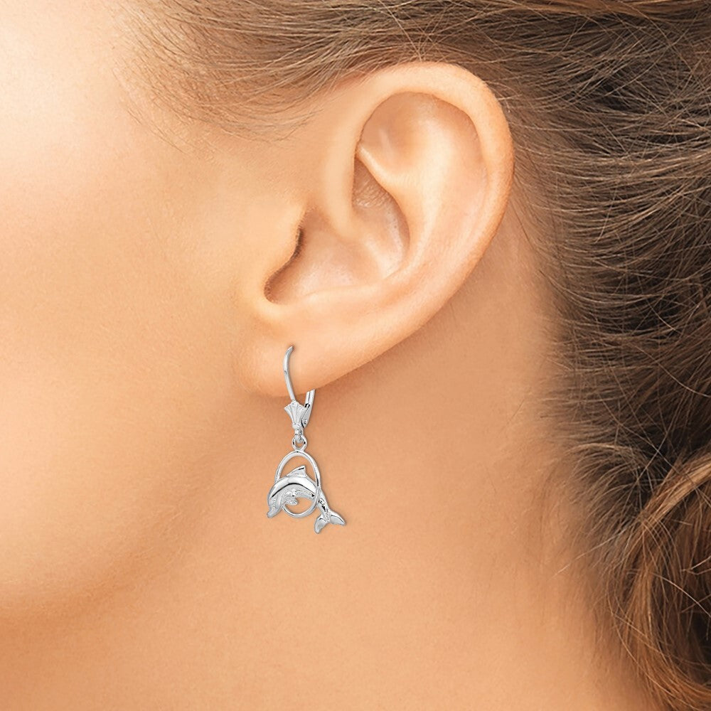 Sterling Silver Rhodium-Plated Dolphin in Hoop Leverback Earrings