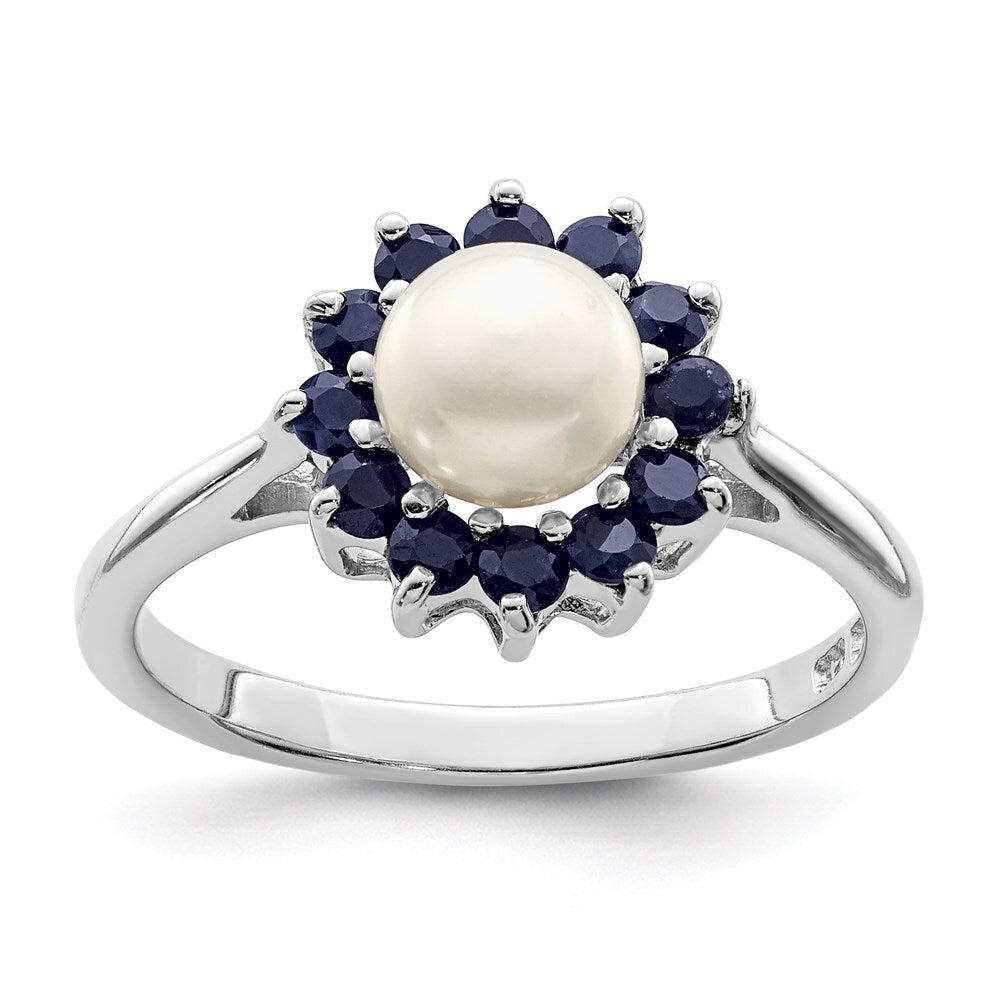 Sterling Silver Rhod 6mm FW Cultured Button Pearl & Sapphire Ring Size 8