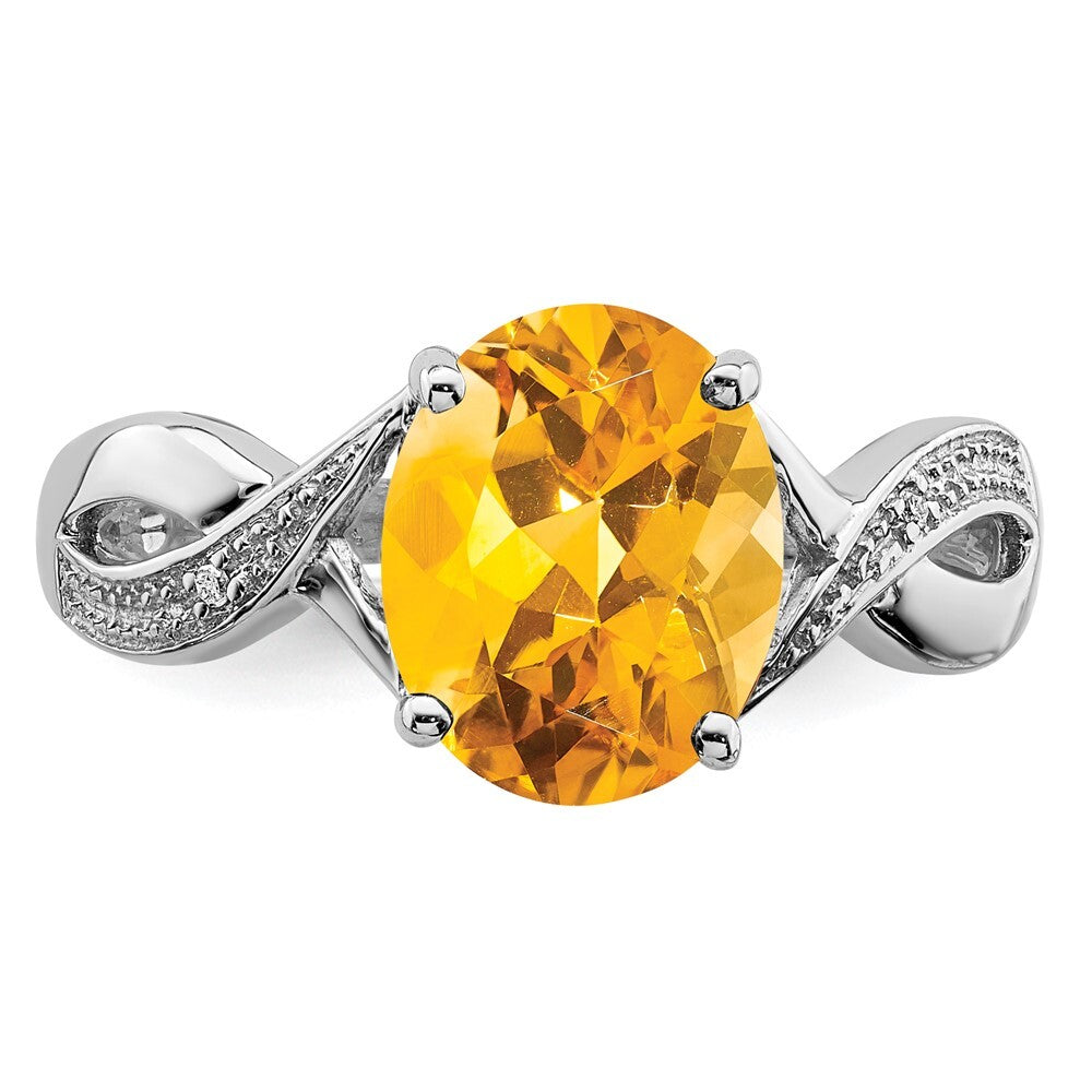 Sterling Silver Rhodium Citrine & Diamond Ring Size 7