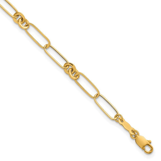 14k Yellow Gold Polished Paperclip and Round Fancy Link 7.5 inch Bracelet